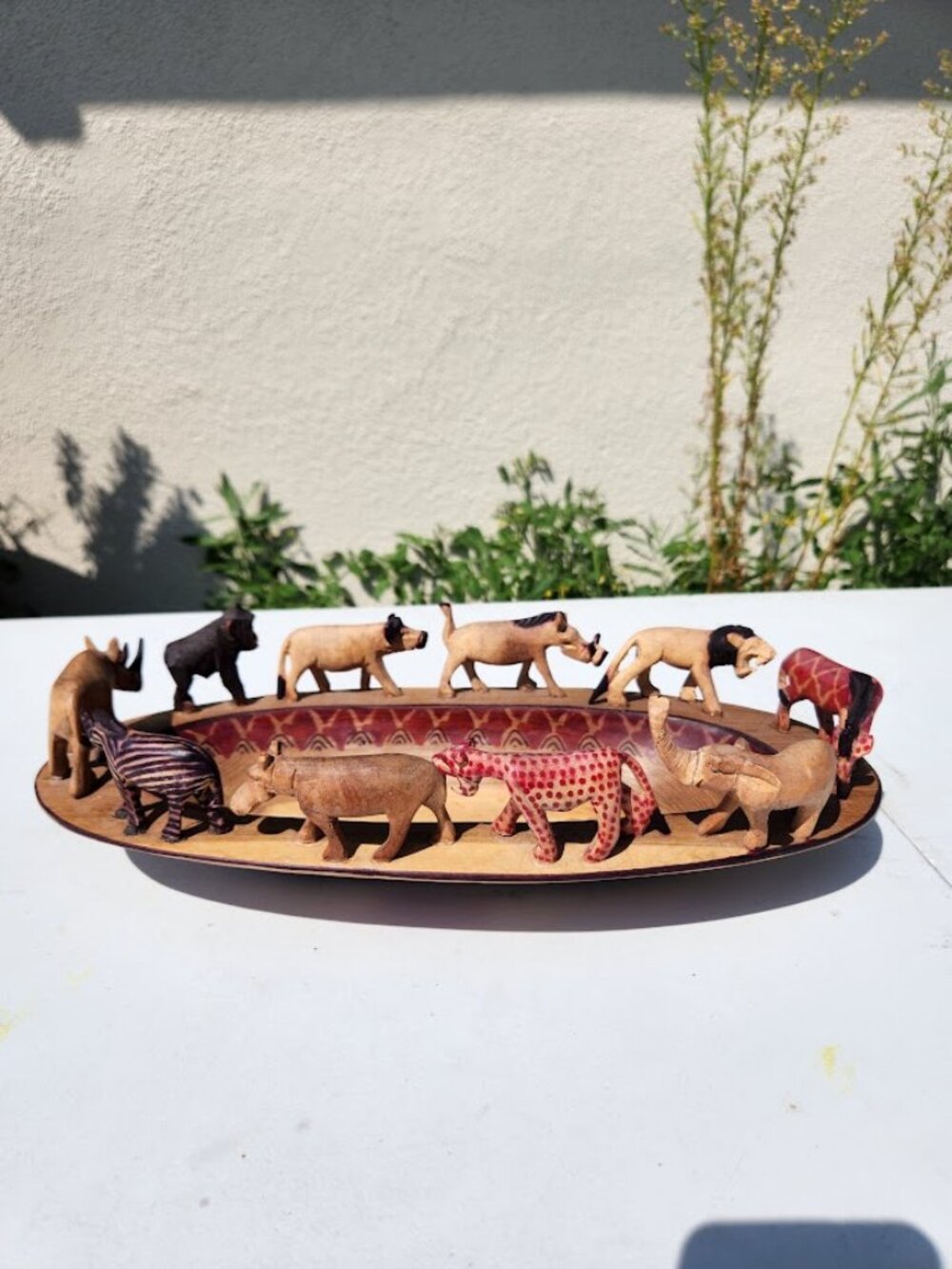 Carved African Safari Wooden Decorative Bowl Wood Animals Zebra Elephant Lion Bu